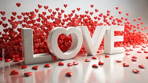 3D Love Text with Red Hearts - Romantic White Background Stock Photo