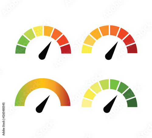 Speedometer, gauge icon. Vector scale, performance level. Fast step indicator. Green and red, low and high barometer, dashboard with arrows. Risk infographics, gauges, progress score.