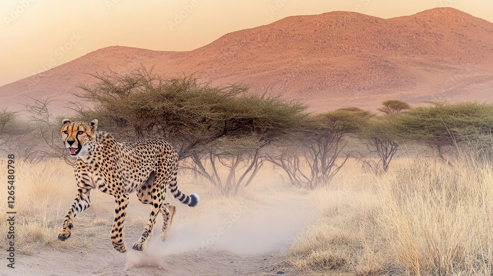 Fototapeta premium Cheetah Sprints Through Dusty Savannah at Sunrise with Mountainous Background in South Africa