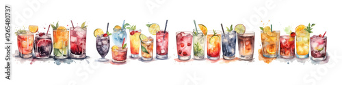 Watercolor cockteil set. Drink collection.
