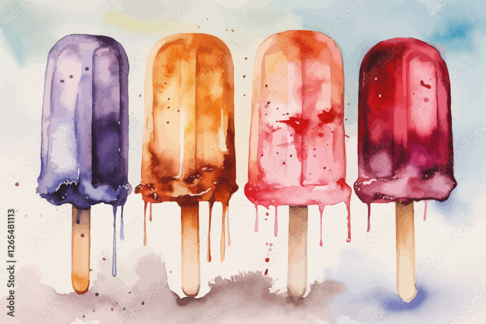 Watercolor background with ice cream. Food illustration.