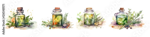 Set of glass jars with oil and herbs. Watercolor vector illustration. Hand drawn.