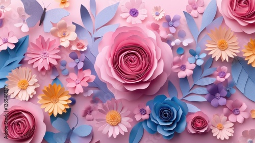 Wallpaper Mural Colorful Paper Flowers Arrangement with Butterflies on Soft Pink Background for Creative Projects Torontodigital.ca