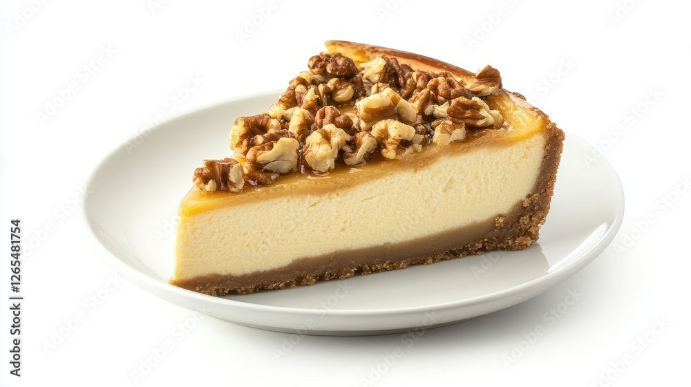 A slice of Arabic cheesecake, topped with sweetened condensed milk and crunchy walnut pieces. The cheesecake sits gracefully on a white plate. A slice of Arabic cheesecake, topped with sweetened condensed milk and crunchy walnut pieces. The cheesecake sits gracefully on a white plate.