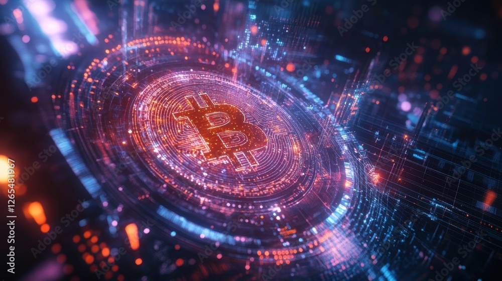 Fototapeta premium Intricate Digital Representation of Bitcoin with Neon Glow in Blockchain Network
