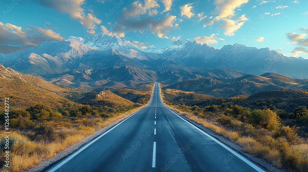 Obraz premium Scenic view of a long road leading towards majestic mountains under a vibrant sky