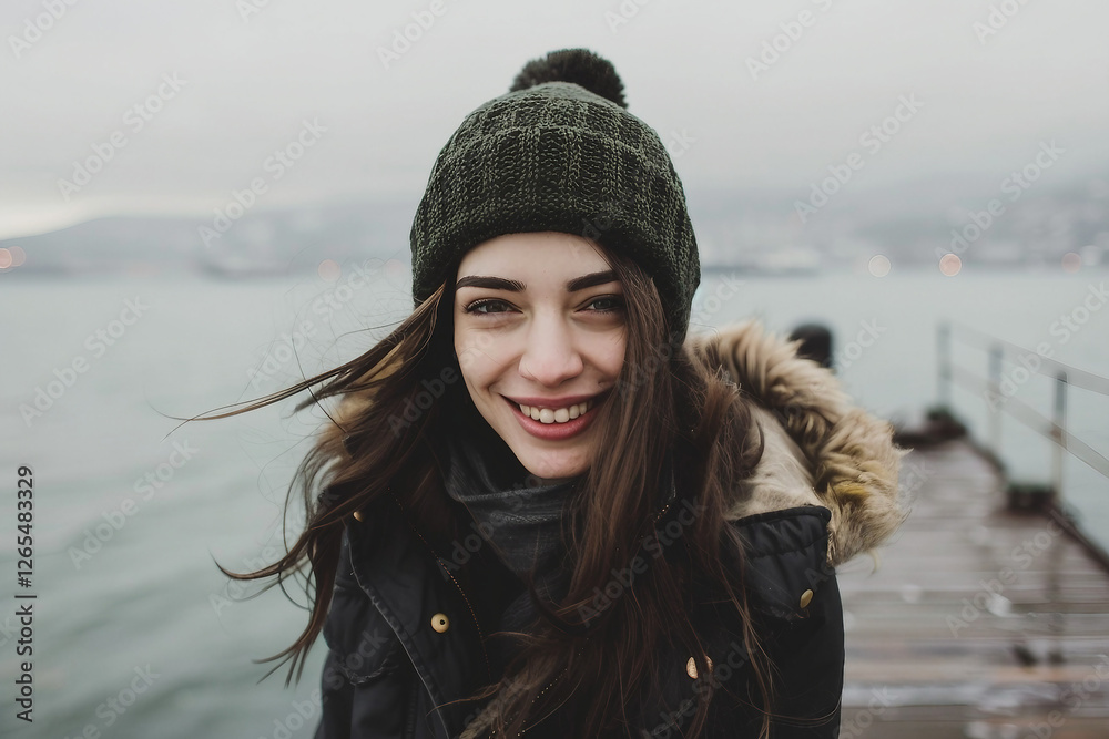 A Woman Walking on a Pier with Ocean Waves made generative AI A Woman Walking on a Pier with Ocean Waves made generative AI