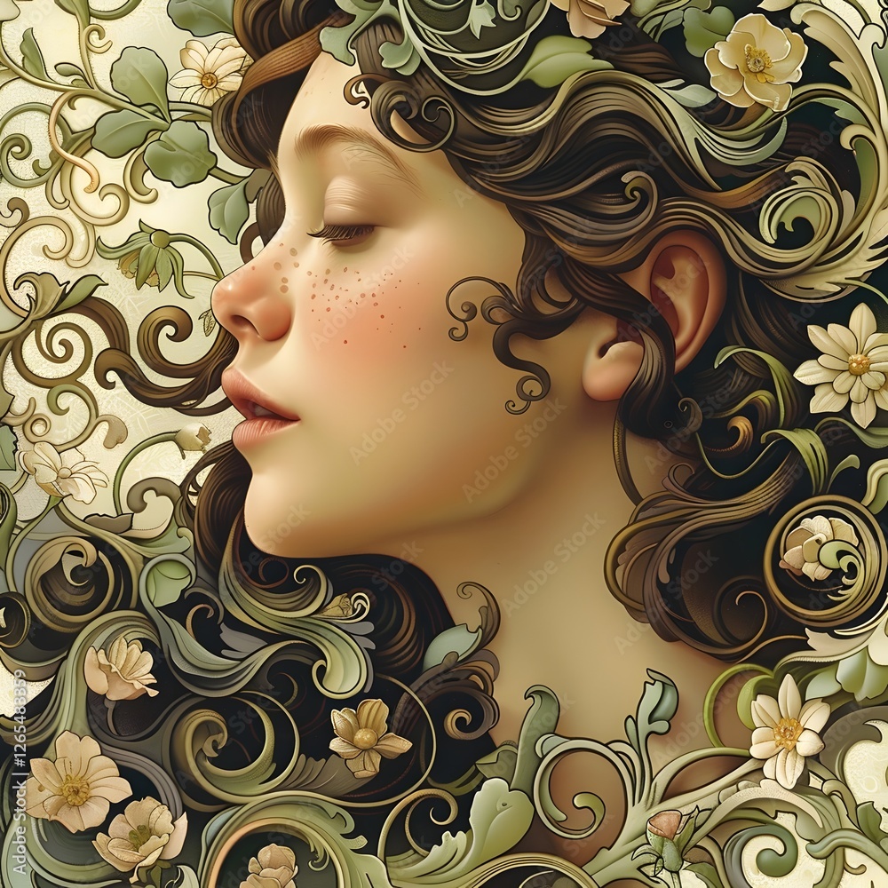 Whimsical Art Nouveau Inspired Portrait of a Woman in Floral Embrace Whimsical Art Nouveau Inspired Portrait of a Woman in Floral Embrace