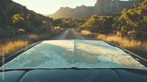 Scenic Landscape with Map on Car Hood at Golden Hour in Nature