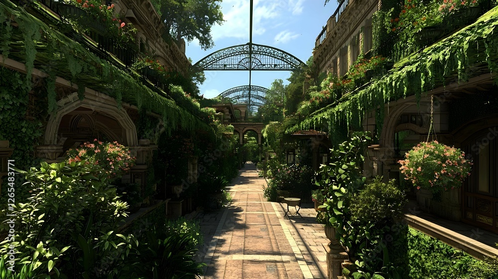 Fototapeta premium Overgrown Stone Path Between Lush Green Buildings