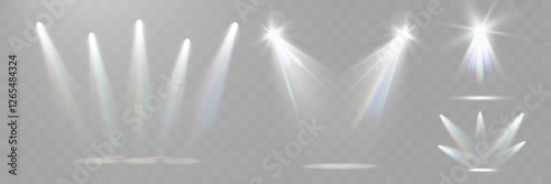 Realistic white and colorful spotlights with beams, reflections, and stage lighting effects on transparent background