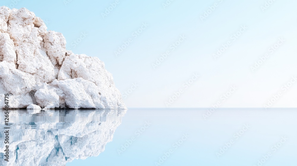 Calm sea reflecting white rocks, minimalist landscape Calm sea reflecting white rocks, minimalist landscape