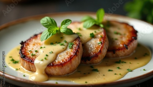 Creamy mushroom and herb sauce drizzle on grilled Iberian pork medallions, topping, flavor enhancer