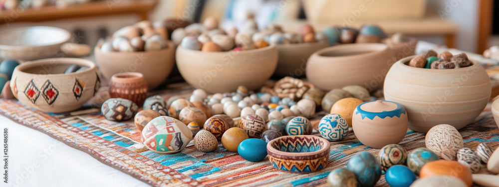 Handcrafted pottery and decorative stones displayed on vibrant textile. scene captures essence of multicultural market, showcasing unique craftsmanship and artistic designs Handcrafted pottery and decorative stones displayed on vibrant textile. scene captures essence of multicultural market, showcasing unique craftsmanship and artistic designs