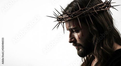 Jesus, crown of thorns and profile portrait for religious faith and divine reflection. Sacred art and devotional imagery of Christ with contemplative light and shadow