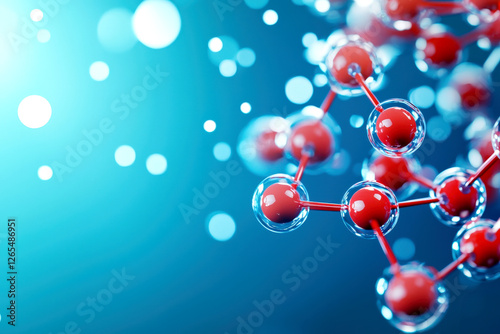 A vibrant close-up of a molecular structure with red atoms and a blue background, illustrating the intricacies of chemistry and molecular science.