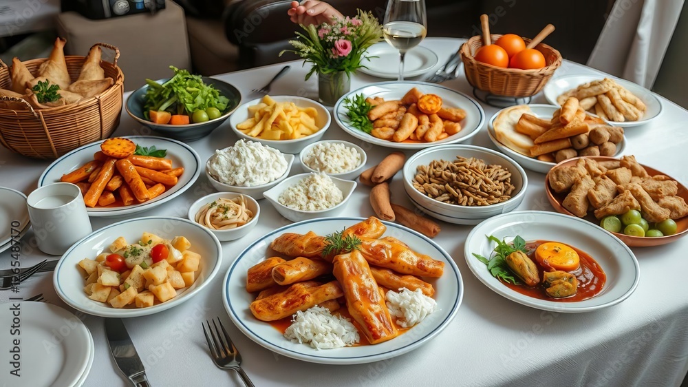 A diverse array of delicious dishes set up on a round dining table for a mealtime gathering, meal, dinner, feast A diverse array of delicious dishes set up on a round dining table for a mealtime gathering, meal, dinner, feast
