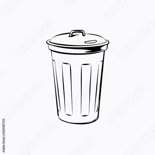 Simple metal trash can with secure lid shown in minimalist line drawing style. Empty background offers clean design space. Concept: waste management, janitorial services