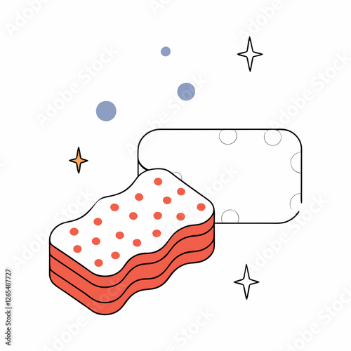 Flat vector illustration of colorful kitchen sponges with soap bubbles around. Concepts: dishwashing, home cleaning, hygiene tools, kitchen accessories, domestic chores.
