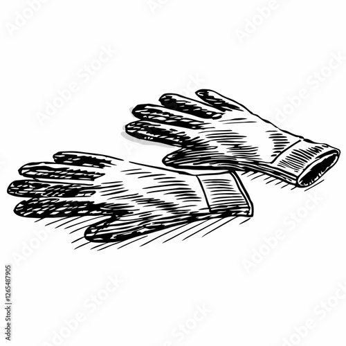 Thick work gloves shown overlapping. Vintage-style drawing highlights seams and texture. Detailed protective gear. Concept: construction supply, safety equipment, work wear