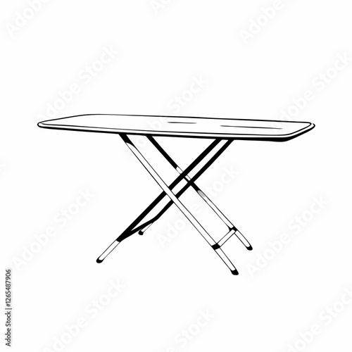 Simple ironing board with X-frame stand. Minimalist line drawing shows foldable design. Basic household item. Concept: home goods, housewares, furniture design