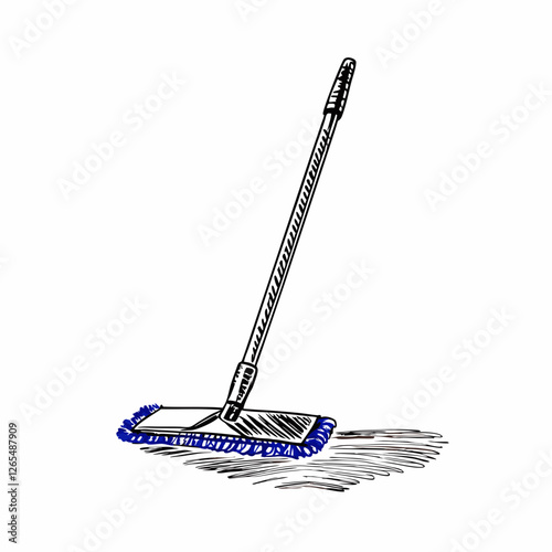 Hand-drawn mop with blue fibers rests on floor. Quick sketch style captures essential details. Concept: cleaning services, janitorial supplies, maintenance.