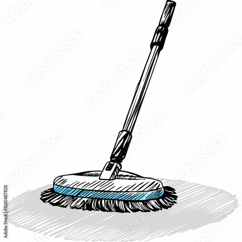 Floor brush with oval head and blue accent sketched in action. Hand-drawn style emphasizes practicality. Concept: cleaning services, janitorial supplies.