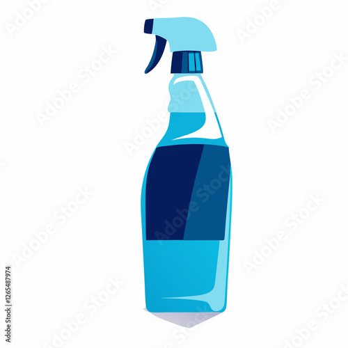 Translucent blue spray bottle with dark label against white backdrop. Studio shot shows liquid level and angled nozzle. Concept: cleaning products, household supplies, sanitizing solutions