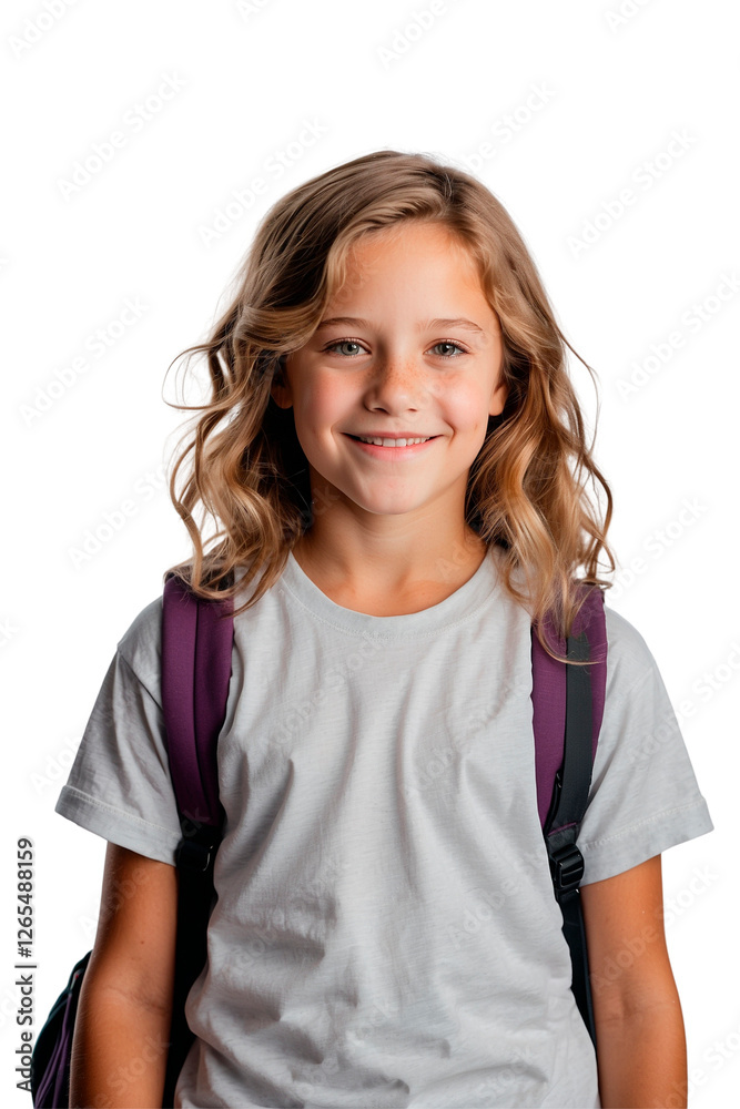 Smiling Child of Backpack and White T -Shirt Smiling Child of Backpack and White T -Shirt