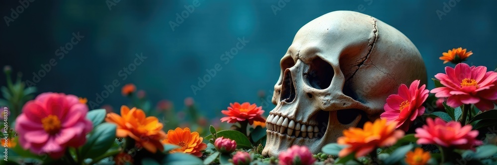 Obraz premium Spooky skull amidst blooming flowers on blue background, autumn colors, skull, graveyard scene