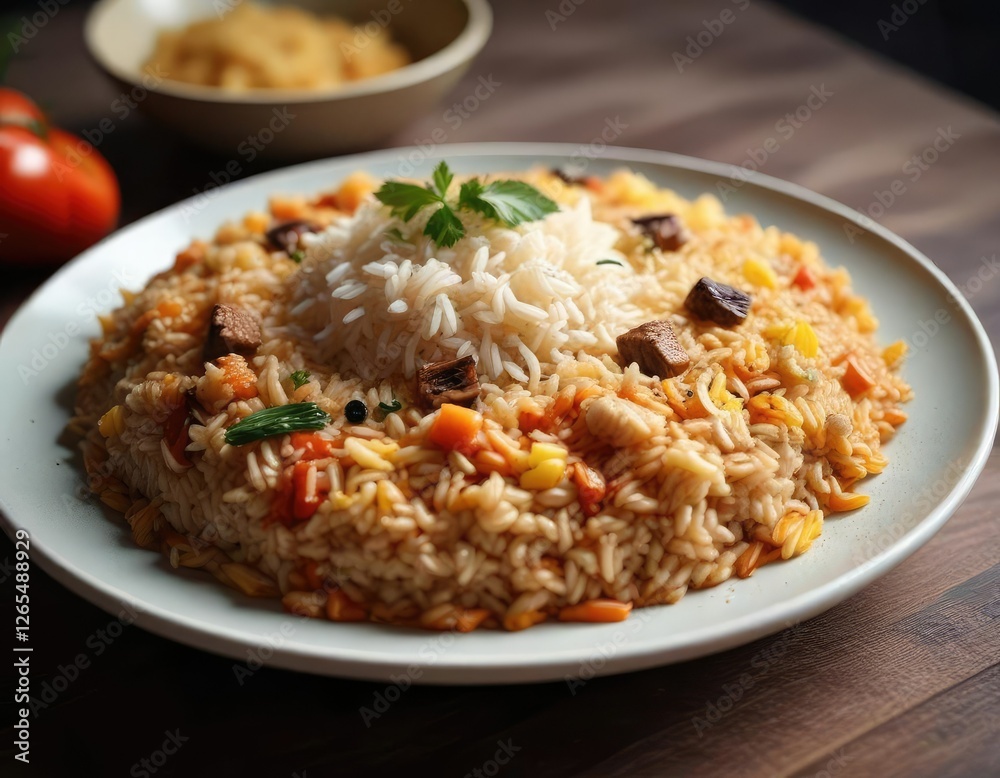Steaming plate of Arroz Chaufa on a ceramic plate , arroz chaufa, peruvian cuisine Steaming plate of Arroz Chaufa on a ceramic plate , arroz chaufa, peruvian cuisine