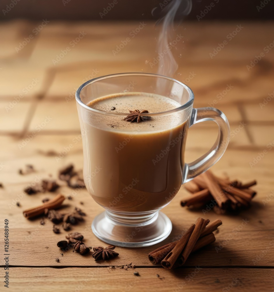 Steaming spiced chai in glass, aromatic spices scattered nearby on wooden surface, masala chai, drink, cardamom Steaming spiced chai in glass, aromatic spices scattered nearby on wooden surface, masala chai, drink, cardamom