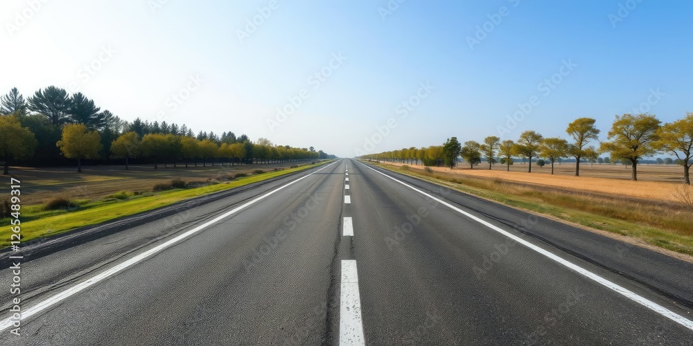 Fototapeta premium Straight asphalt road stretching into the distance with a few trees on either side, concrete road, highway, asphalt pavement