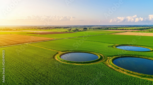 Agricultural Water Tanks and Irrigation Concept, Aerial view of vast agricultural fields with circular ponds reflecting sunlight