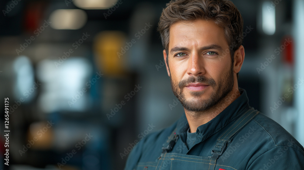 Confident bearded man in work apron standing in a workshop. Confident bearded man in work apron standing in a workshop.