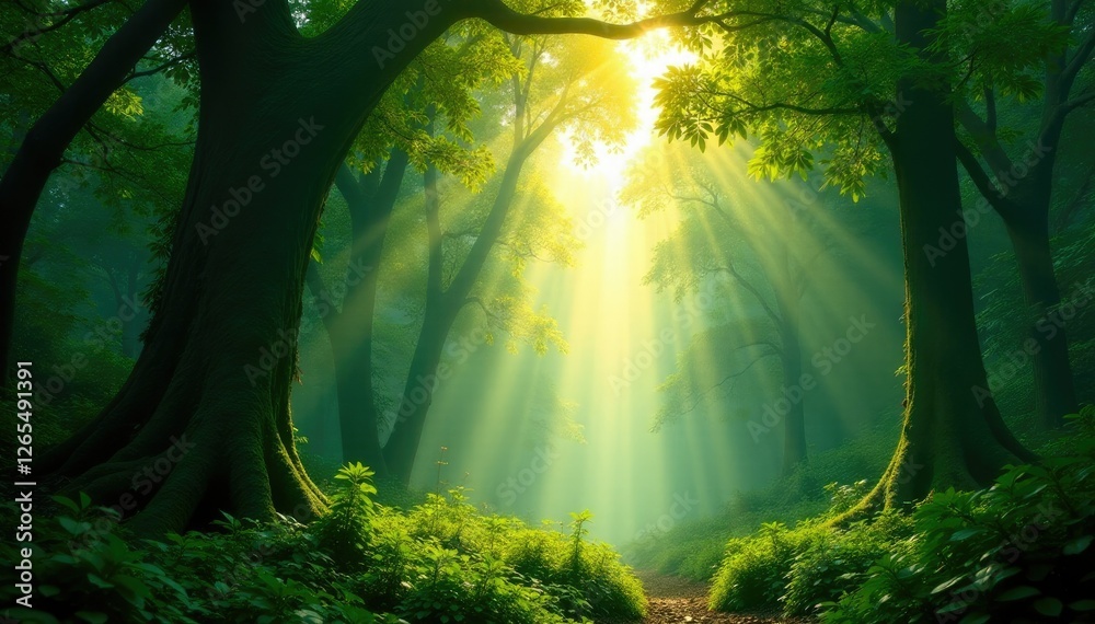 Obraz premium Tall trees block sunlight filtering through temple leaves, filter, jungle, vegetation