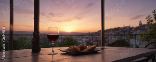 Terrace scene at sunset with a glass of red wine,  landscape,  sky