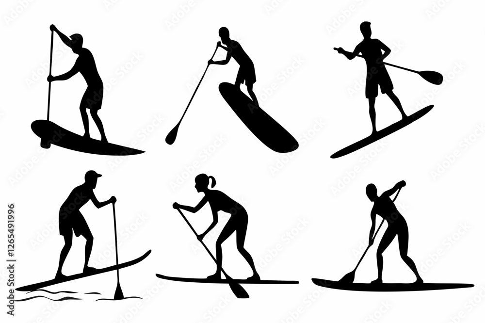 Obraz premium SUP Paddle Board Silhouette Collection – Water Sports Vector Art on white background.