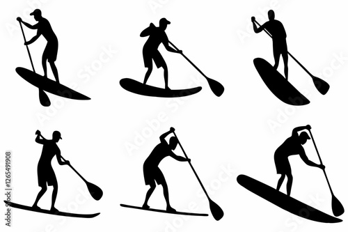 SUP Paddle Board Silhouette Collection – Water Sports Vector Art on white background.
