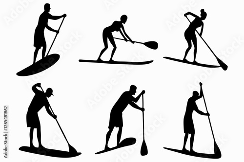 SUP Paddle Board Silhouette Collection – Water Sports Vector Art on white background.