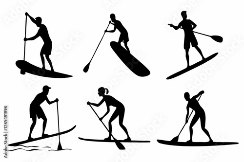 SUP Paddle Board Silhouette Collection – Water Sports Vector Art on white background.