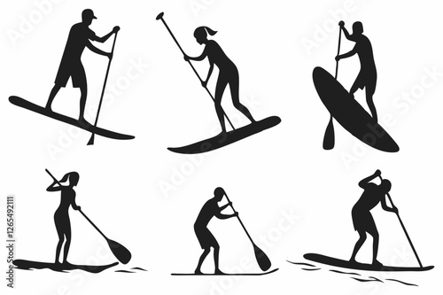 SUP Paddle Board Silhouette Collection – Water Sports Vector Art on white background.