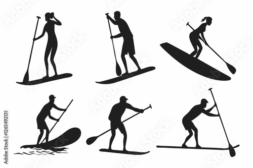 SUP Paddle Board Silhouette Collection – Water Sports Vector Art on white background.