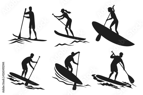 SUP Paddle Board Silhouette Collection – Water Sports Vector Art on white background.