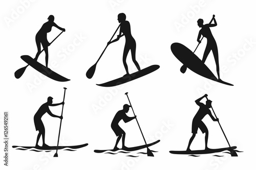SUP Paddle Board Silhouette Collection – Water Sports Vector Art on white background.