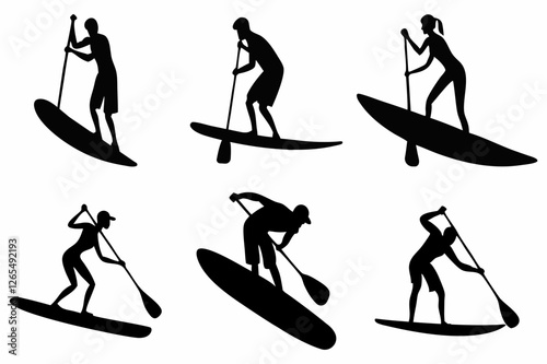 SUP Paddle Board Silhouette Collection – Water Sports Vector Art on white background.