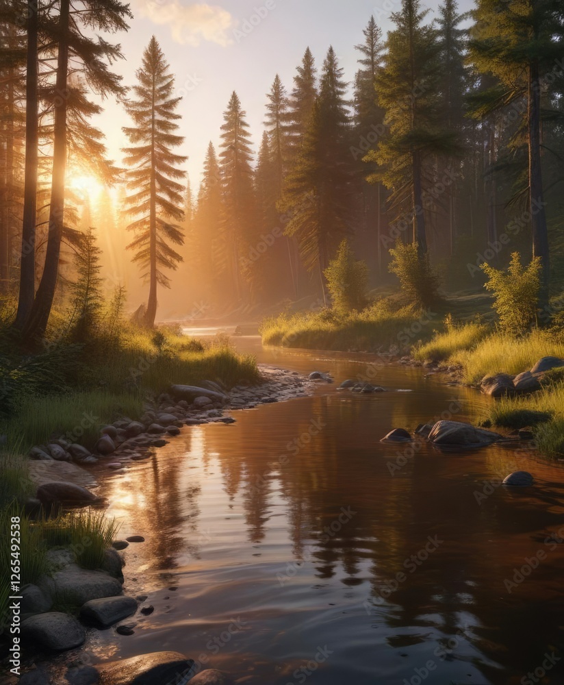 Obraz premium The warm glow of sunset illuminates the forest river, highlighting the gentle curves of the shoreline , sunset, outdoors