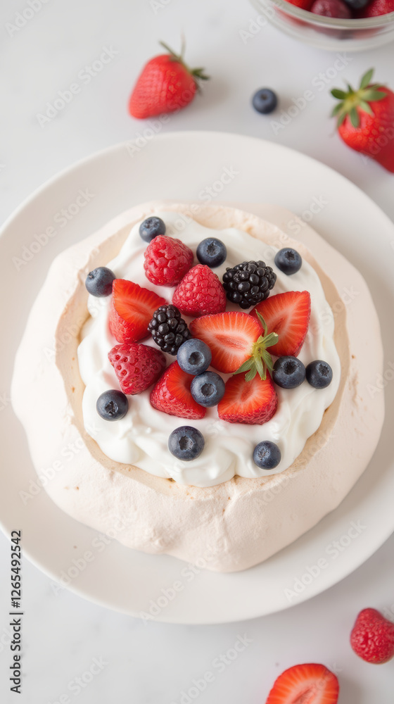 Delicious pavlova dessert topped with fresh berries and whipped cream