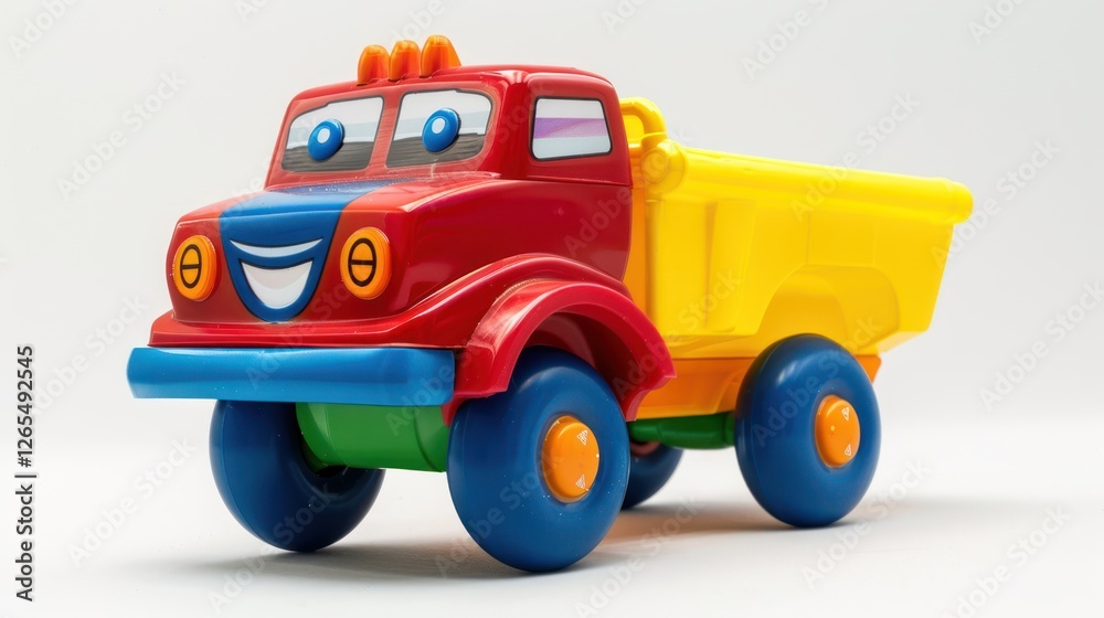 Naklejka premium A colorful toy truck with movable wheels and a smiling face, resting on a white background.