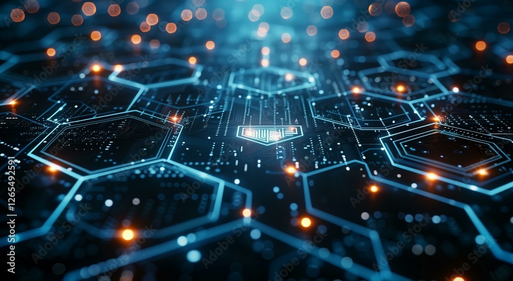 High-Tech Circuit Board with Glowing Hexagonal Patterns High-Tech Circuit Board with Glowing Hexagonal Patterns